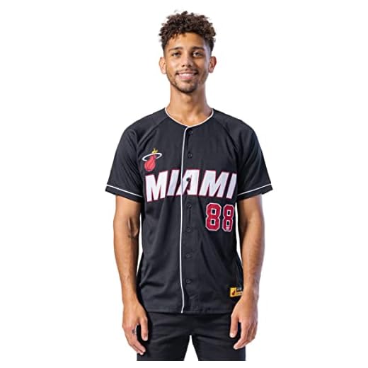 Ultra Game NBA Miami Heat Mens Mesh Button Down Baseball Jersey Tee Shirt, Black, Medium