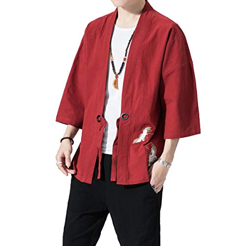Image of PRIJOUHE Men's Kimono Jackets Cardigan Lightweight Casual Cotton Blends Linen Seven Sleeves Open Front Coat Outwear
