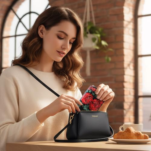 Image of CONISY Small Leather Womens Credit Card Holder Wallet with RFID Blocking (Red Rose)