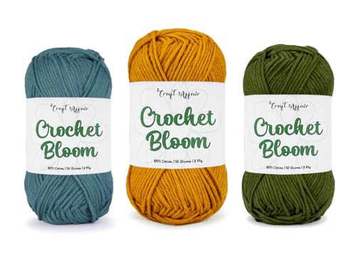 Image of Craft Affair | Crochet Bloom Cotton Yarn 8ply (Each Color 2mm, 77Meter, 50Gram) 100% Pure Cotton | for Knitting Yarn | Craft & DIY Project: Peacock, Sand, Olive