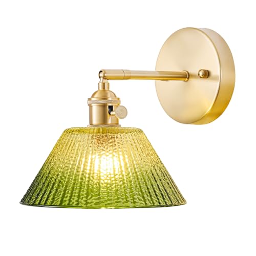 Image of Hardwired Wall Sconce Light, Vintage Wall Sconce with Switch, Gold Wall Light Fixture with Gradient Green Glass Lampshade, Indoor Wall Light for Bedroom Bathroom, Bedside Wall Lamp
