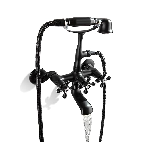 SKOWLL Clawfoot Tub Faucet Wall Mount Bathroom Tub Filler with Sprayer Vintage Victorian Shower Kit 3 Handle Bathtub Faucet with Handheld Shower Head Matte Black