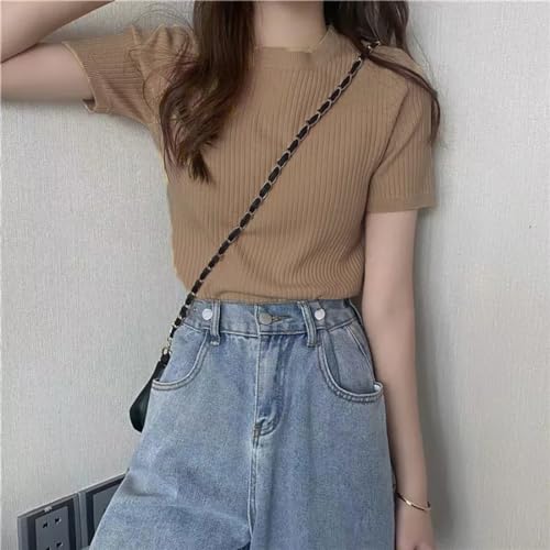 Image of Istyle Can Women Ribbed Slim Fit Top | Stretch Cotton Knit Crew Neck T-Shirt | Solid Casual Short Sleeve Tee for Office, Layering