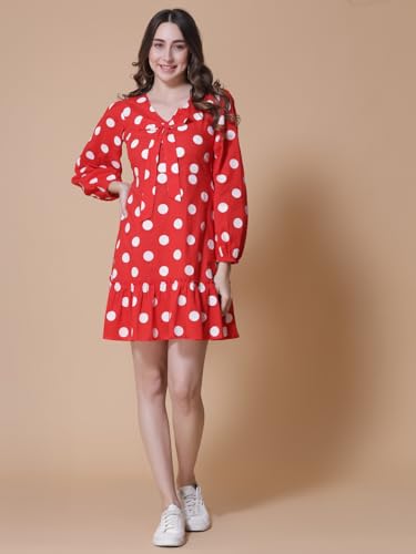 Image of GOD BLESS Red Colored Cotton Polka Dot Printed Short Dress,Short Length,Full Sleeeves,V Neck