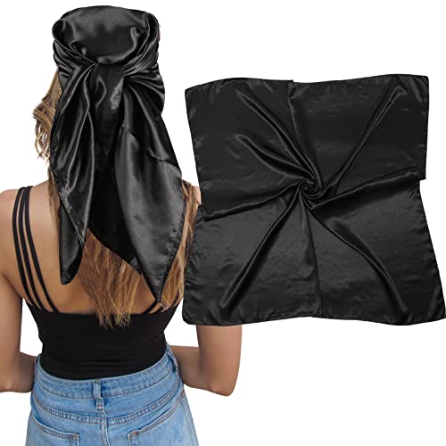 AWAYTR 35" Large Square Satin Head Scarf - Silk Hair Scarf Square Hair Bandanas Large Scarf Sleeping Head Wraps for Women (Black)