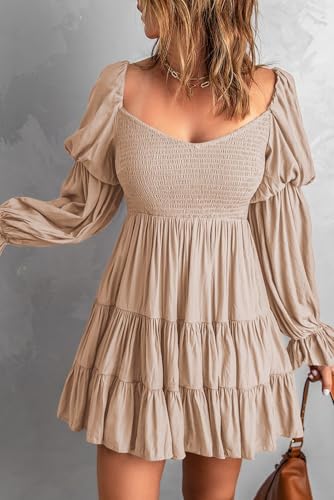 Image of Dokotoo Womens 2025 Spring Summer Dresses Elegant Off The Shoulder V Neck Long Sleeve Ruffle Flowy Mini Short Skater Dresses
