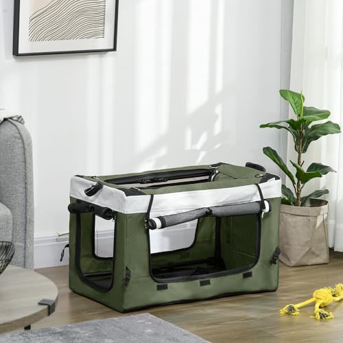 PawHut 2 in 1 Hundewagen Hundebuggy klappbar für Hunde & Katzen bis 10 kg Katzenbuggy mit Kissen Netzfenstern Türen Aufbewahrungskorb Katzenwagen Buggy Dunkelgrün