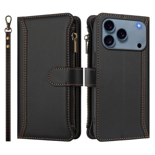 Étui cuir iPhone 17 Pro noir avec rabat portefeuille et sangle - 2
