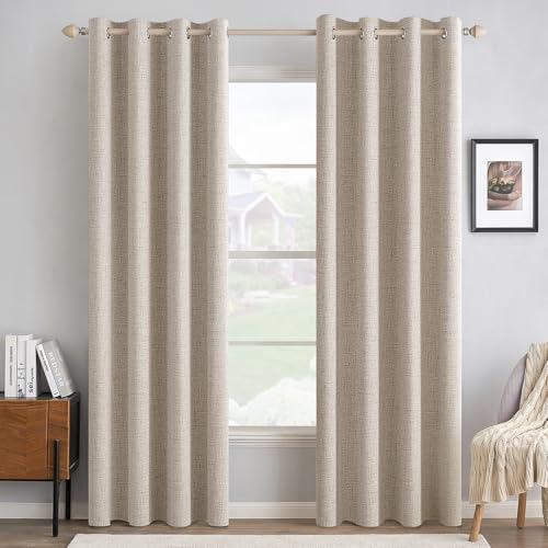 Image of MIULEE Linen Textured Curtains Solid 100% Blackout for Bedroom Thermal Insulated Natural Grommet Room Darkening Curtains & Drapes Luxury Decor for Living Room 52 x 72 Inch (2 Panels)
