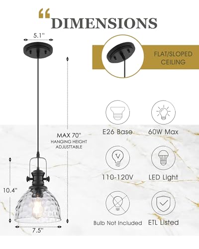 Image of 2-Pack 7.5 inch Black Pendant Light Fixtures, Hammered Glass Shade | Farmhouse Vintage Hanging Light Fixture for Kitchen Island Dining Room, Adjustable Height, E26 Base, AD-22151-1P2-BK-H