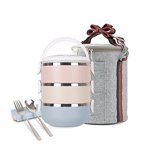 Unichart Stainless Steel Lunch Box, Round Bento Lunch Container with Lunch Bag, Spoon and Chopsticks, Stackable Leak-Proof Containers, Insulated for Adult Food Snack Storage Boxes(3-Tier)
