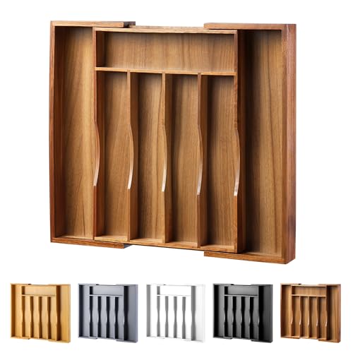 oridom Expandable Acacia Kitchen Drawer Organizer for Cutlery and Utensils,