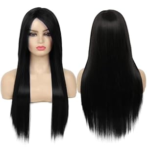 Baruisi Long Straight Black Wig Synthetic Silky Heat Resistant Side Bangs Halloween Cosplay Hair Wigs for Women
