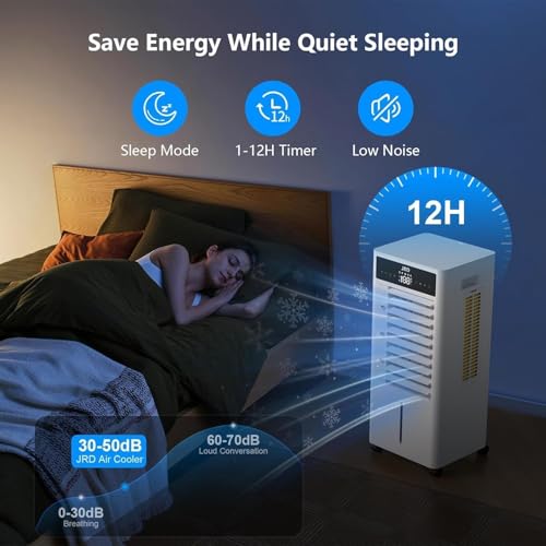 JRD 3-IN-1 Evaporative Air Cooler, 80° Oscillation Air Cooler with 3 Speeds, 4 Modes, 12H Timer, 2.4Gal Tank, Remote, Portable Swamp Cooler for Bedroom Home Office Garage - Thumbnail 7