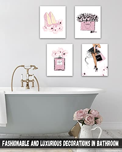 Drsoum Glam Pink Fashion Wall Decor - Woman Makeup Framed Wall Art - Hot Pink Girly Room Decor - Beauty Room Decor Pictures Arts For Office Bedroom Bathroom Wall Decor - Perfume Handbags High Heels Lipstick Wall Paintings Set Of 4, 8X10 In (Framed) #TOP5