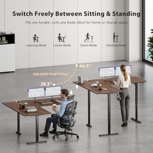 Image of 63x55 Inch L Shaped Electric Standing Desk, Corner Workstation, Dark Walnut | 3 AC outlets, 2 USB ports, cable tray, cord clips, 3 memory presets, anti-collision and 176 lb capacity for home office.