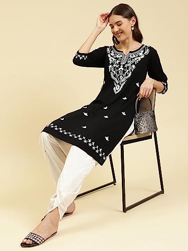 Image of QAZMI Women's Cotton Straight Embroidered Kurti (Aari Work)