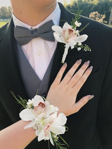 Rinlong Corsage and Boutonniere Set Orchid Corsages Wristlet Groom Flower Boutonniere for Men Wedding Homecoming Corsage for Prom