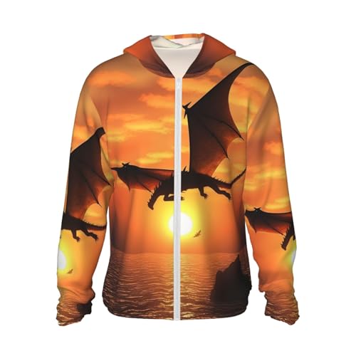 Men's Sun Shirts UPF 50+ Sea Sunset Flying Dragon Sun Protection Hoodie Lightweight Long Sleeve Rash Guard