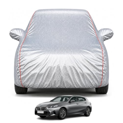 Image of Premium Car Cover for BMW 1 Series Model | Waterproof, UV & Dust Protection | Mirror & Antenna Pocket | Triple Stitched, Soft Inner Lining, Belt & Buckle (Metalic Silver)
