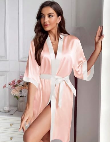 Image of Ekouaer Women's Satin Robes Silk Kimono Bathrobe 3 /4 Sleeve Bridal Bridesmaids Robes Soft Silky Sleepwear S-XXL