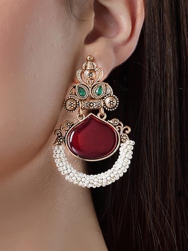 Image of Karatcart Red Stone Studded Gold Plated Drop Earrings for Women