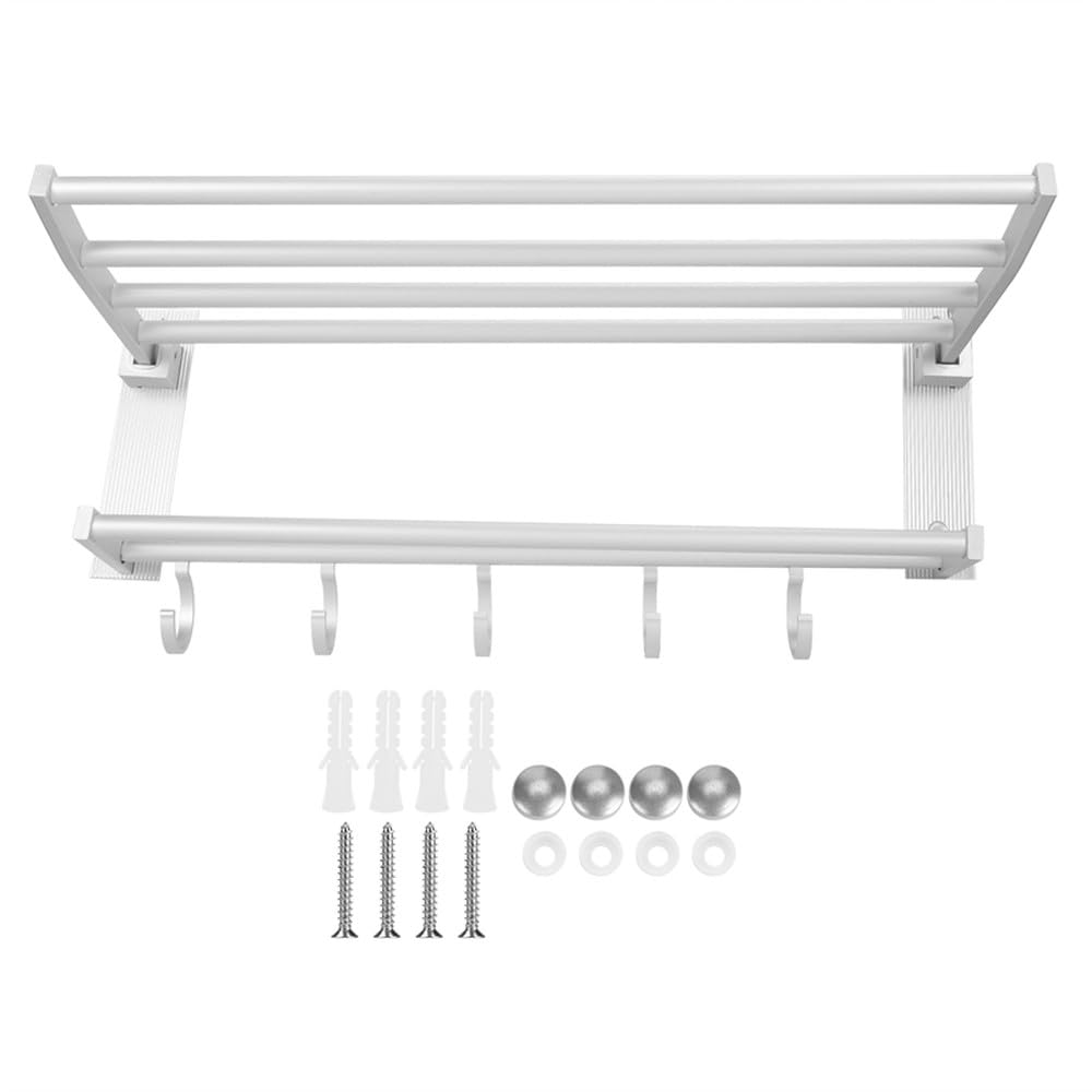 Vvw&Liu Silver 40Cm Shower Shelf Organizer Foldable Aluminum Bathroom Towel Coat Rack With 5 Hooks