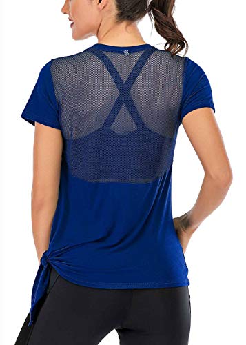 Fihapyli Women's Workout Tops Short Sleeve Mesh Back Side Tie Workout Tank Tops