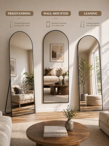 Image of Full Length Mirror, 58.5 inchx18 inch Arched Floor Mirror Freestanding, Floor Standing Full Body Mirror with Stand for Bedroom, Hanging Mounted for Living Room Cloakroom (Black, 58.5 inch L x 18 inch W)