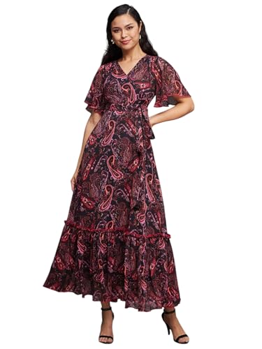 Image of Miss Chase Women's Multicolored-Base-Brown Relaxed Fit Maxi Lurex Chiffon Dress