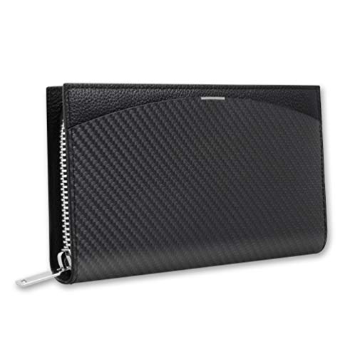 Image of MON CARBONE BlackLabel Travel Wallet: Minimalist, Carbon Fiber, Genuine Italian Leather, Slim Passport Holder, Long Organizer for Cards & Cash, Zipper Closure, All-in-one Travel Storage (Black)
