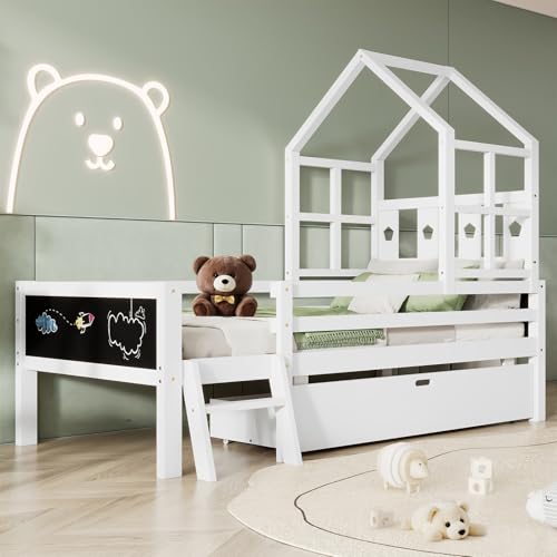 AVGVLIJ Twin Size House Bed with Ladder and Storage Drawers, Solid Wood Platfrom Bedframe with 2 Blackboard Design, No Box Spring Needed, for Kid Bedroom, White
