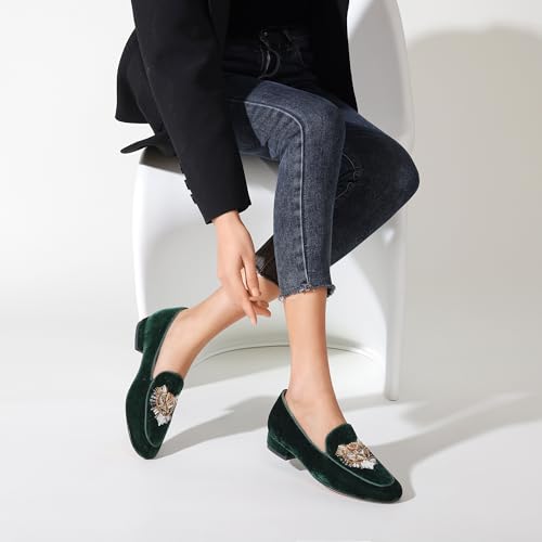 Image of Embroidered Loafers for Women Round Toe Chunky Heel Velvet Flats with Lion Head Pattern Wide Width Dress Casual Shoes
