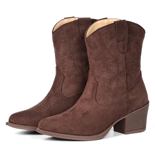 Image of IXU Cowboy Boots for Women Ankle Cowgirl Booties Wide Mid Calf Pointed Toe Western Boots Short Chunky Classic Booties