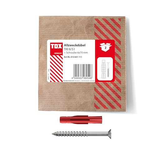 TOX Taco universal TRI 8x51 mm + tornillo, taco para fijaciones fiables en casi todos los materiales de construcción, 2 piezas en embalaje de papel resellable y ecológico, 010601111
