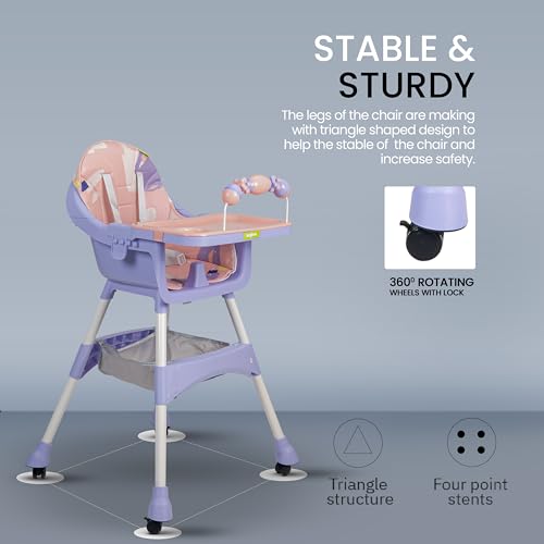 Image of Baybee 3 in 1 Auro Baby High Chair for Kids | Feeding Chair with 3 Height Adjustable & Basket, Booster Seat with Food Tray, Toy Bar & Safety Belt | High Chair for Baby 6 Months to 4 Years Boys Girls (Pink)