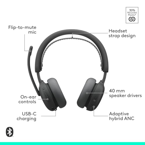 Image of Logitech Zone Wireless 2 ES for Business - Noise-Canceling Wireless Headset with Adaptive Hybrid ANC, Native Bluetooth, Microsoft Teams Certified - Graphite
