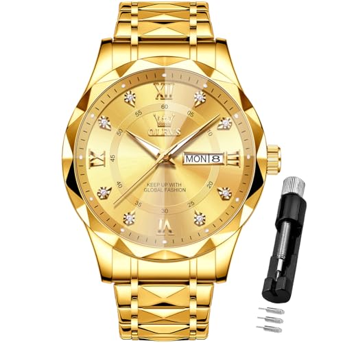 OLEVS Men Gold Watch Luxury Diamond Stainless Steel Waterproof Large