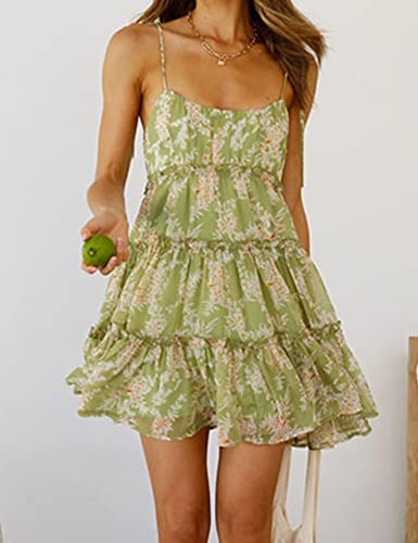 Image of Mansy Womens 2026 Summer Floral Mini Dress Boho Flowy Skater Dresses Short Sleeveless Ruffle Spaghetti Strap Dress