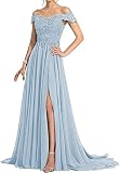 N/ C Robes de mère de la mariée - Robe de soirée formelle en dentelle avec perles et épaules dénudées, bleu glace, 34