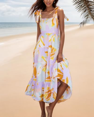 Image of kinstell Women's Summer Boho Spaghetti Strap Square Neck Ruffle Casual Flowy Long Dress Beach Swing Party Maxi Dress