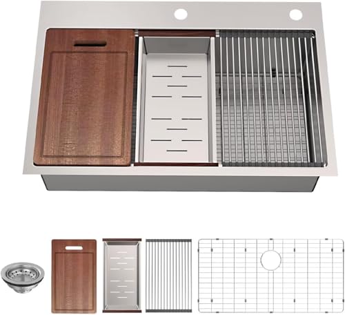 33-inch Undermount/Drop-in Kitchen Sink - 33''×22'' 18 Gauge Stainless Steel Workstation Sink Handmade Deep Single Bowl with Accessories (Strainer/Grids/Cutting board/Rolling Rack/Colander)