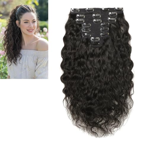 Larafona 16inch/40cm Extension Clip Capelli Veri 100% Umano Capelli, Brasiliano Virgin Hair Ricci Grandi per Testa Piena 8pc 120gram Naturale Nero 1B