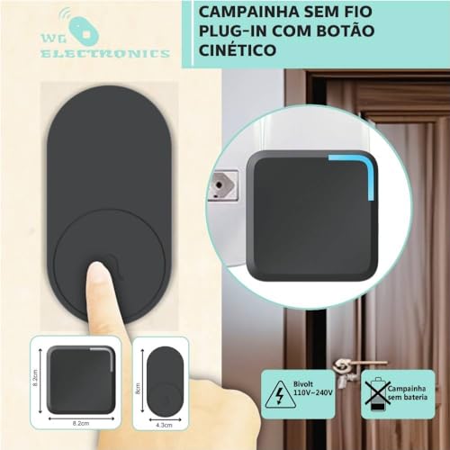 Campainha Eletrônica Sem Fio, Energia Cínetica Não ultiliza Bateria, Alcance de 150m, 32 Melodias, C