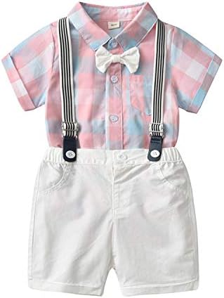 Baby Boys Gentleman Outfits Suits, Infant Short Sleeves Shirt+Bib Pants+Bow Tie Overalls Clothes Set,12-18M Multi