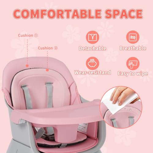 kinder king 8 in 1 baby high chair coverts to dining booster seatkids table amp chair settoddler building block tablekids stool removable tray amp double seat cover easy to wipe grey amp pink