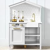 Best Choice Products Pretend Play Wooden Farmhouse Kitchen Set for Kids w/Toy Storage, Clicking Knobs, Windows, 5 Accessories Included - Beveled White