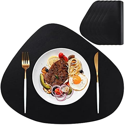 Punkspace Placemats Set of 6,Faux Leather Placemats for Kitchen Table and Dining Room,Washable Heat Resistant Easy to Clean Outdoor Indoor Place Mats,Black Cover
