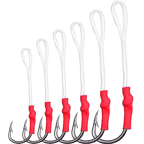 FUSIGO Fishing Assist Hooks, Stainless Steel Jig Hooks Strong Sharp Fish Hook with PE Line for Bass Carp Saltwater Size 1/0-10/0 (20pcs 6/0)