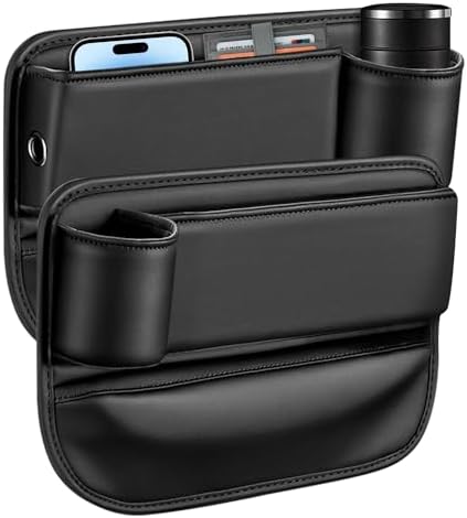 [2 Pack] Car Seat Gap Filler Organizer with Cup Holder, Multifunctional Car Side Seat Gap Filler Automotive Storage Box for Phones, Glasses, Keys, Cards – Adjustable Leather Gap Filler for Cars